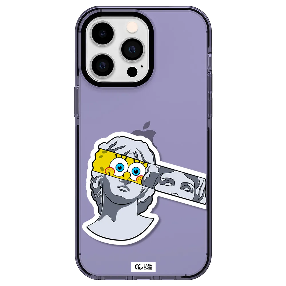 a cartoon of a statue with a yellow spongebob over its eyes Apple iPhone 15 Pro Max impact Lilac Case