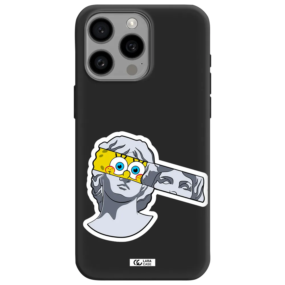 a cartoon of a statue with a yellow spongebob over its eyes Apple Iphone 15 Pro max Silicone black Case