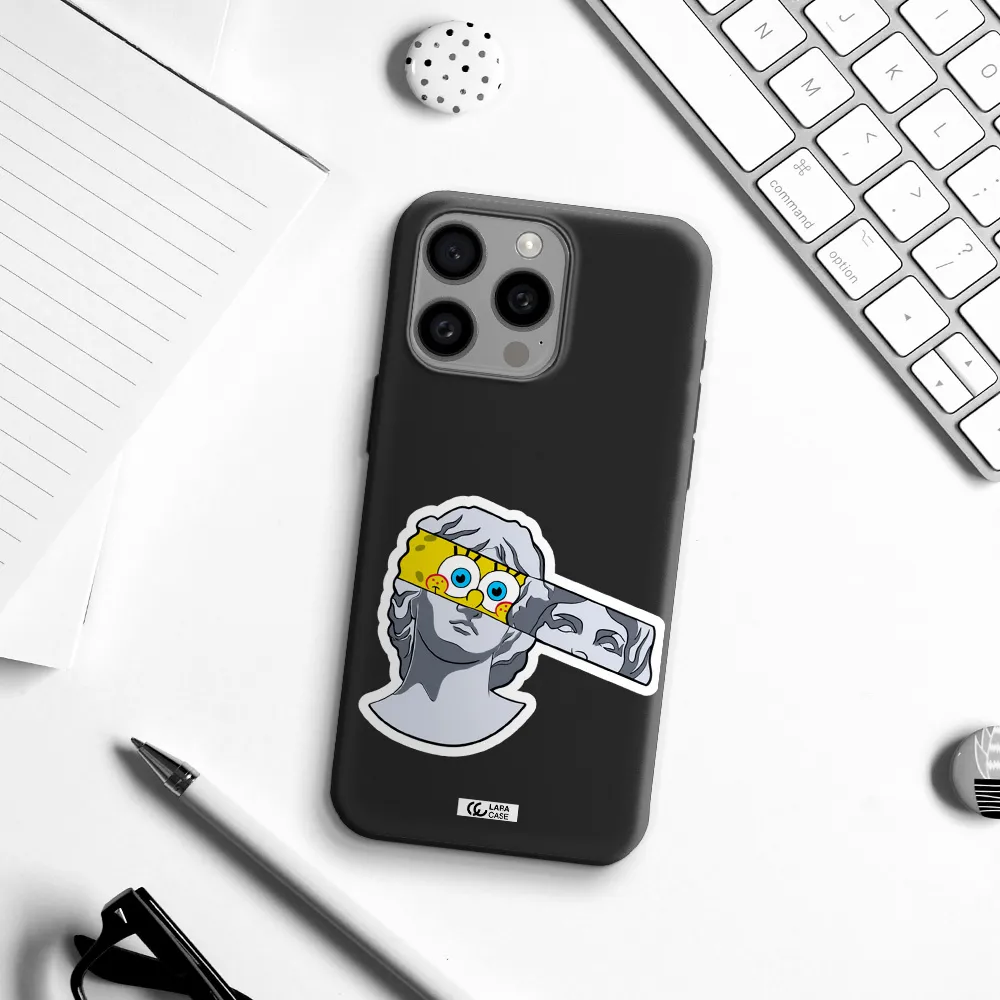 a cartoon of a statue with a yellow spongebob over its eyes Apple Iphone 15 Pro max Silicone black Case