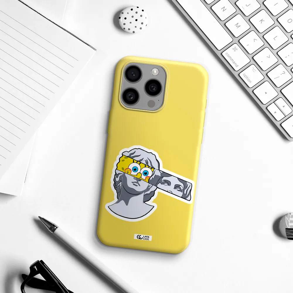 a cartoon of a statue with a yellow spongebob over its eyes Apple Iphone 15 Pro max Silicone canary yellow Case