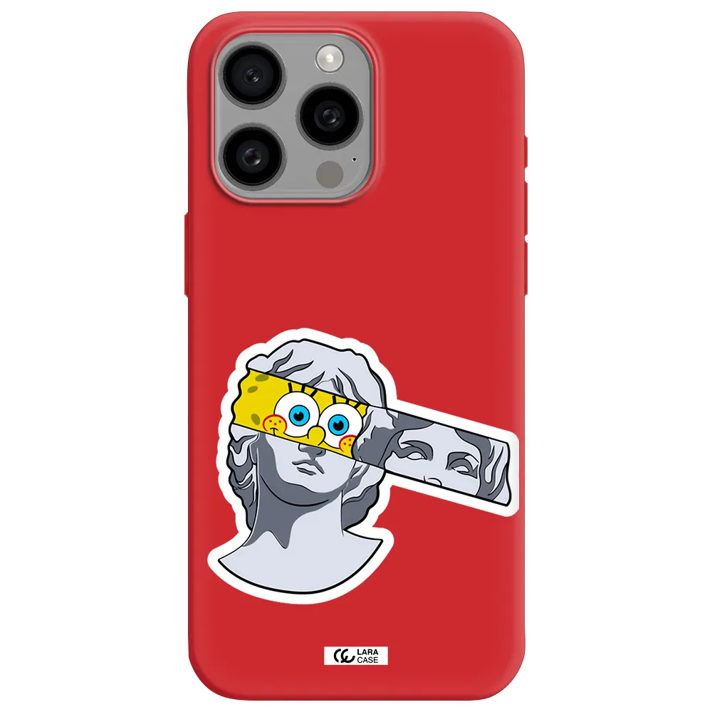 A Cartoon Of A Statue With A Yellow Spongebob Over Its Eyes Apple Iphone 15 Pro Max Silicone Imperial Red Case