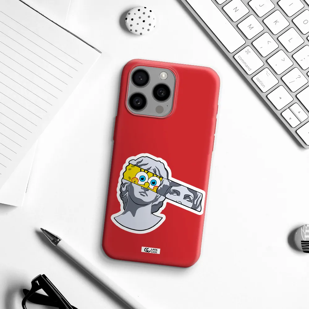 A Cartoon Of A Statue With A Yellow Spongebob Over Its Eyes Apple Iphone 15 Pro Max Silicone Imperial Red Case