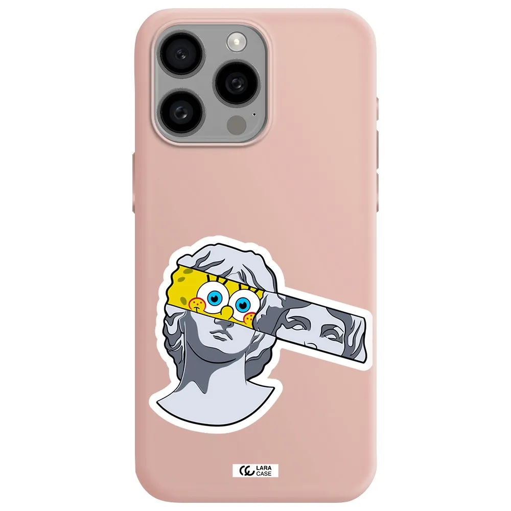 a cartoon of a statue with a yellow spongebob over its eyes Apple Iphone 15 Pro max Silicone pastel pink Case