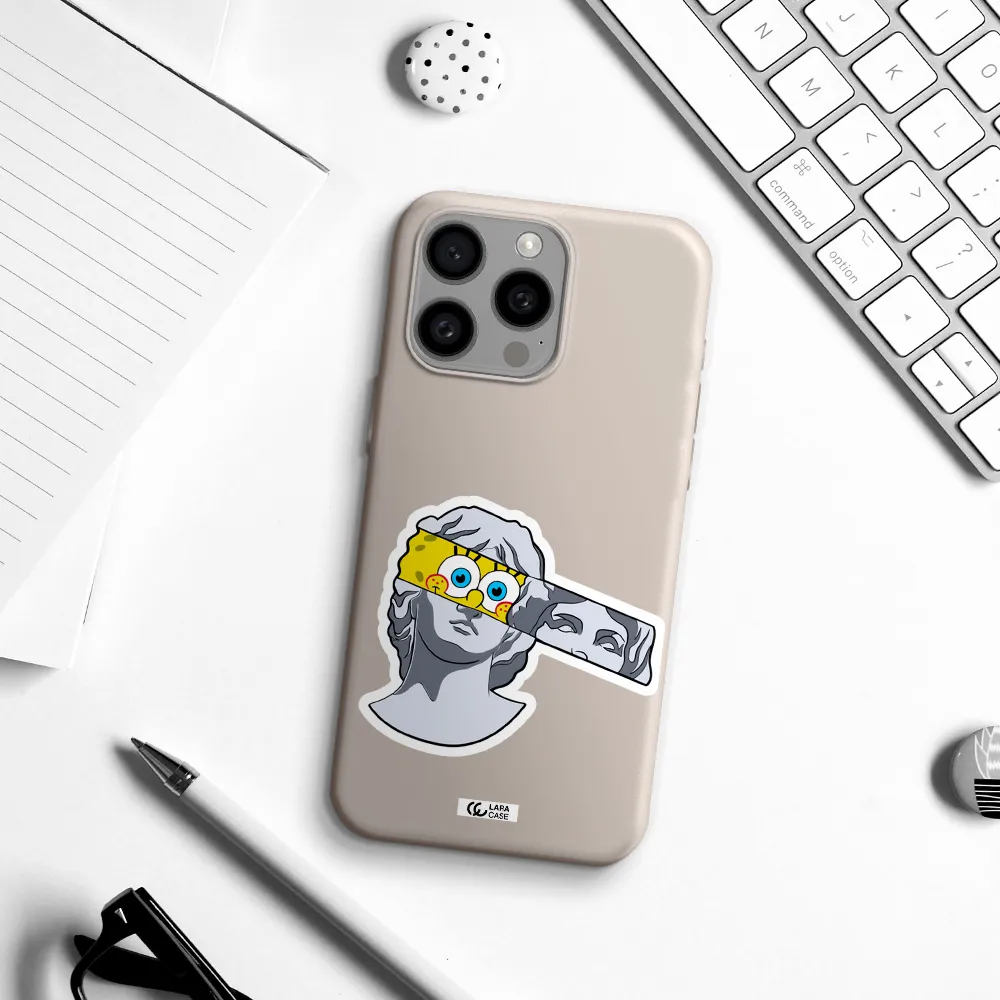 a cartoon of a statue with a yellow spongebob over its eyes Apple Iphone 15 Pro max Silicone Stone Case