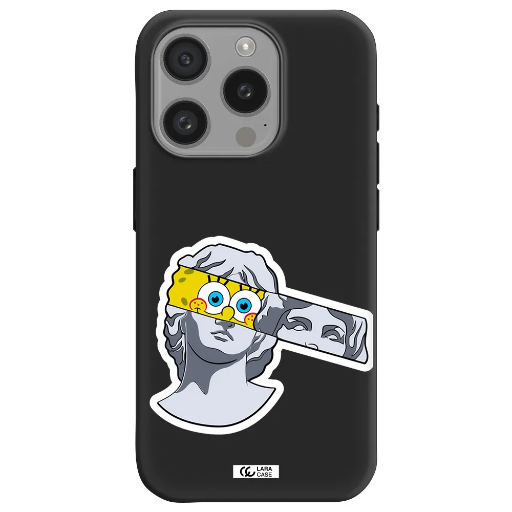 A Cartoon Of A Statue With A Yellow Spongebob Over Its Eyes Apple Iphone 15 Pro Silicone Black Case