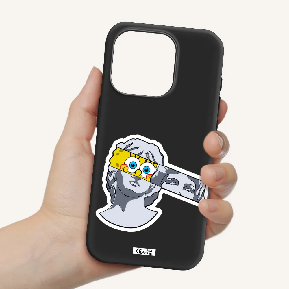A Cartoon Of A Statue With A Yellow Spongebob Over Its Eyes Apple Iphone 15 Pro Silicone Black Case