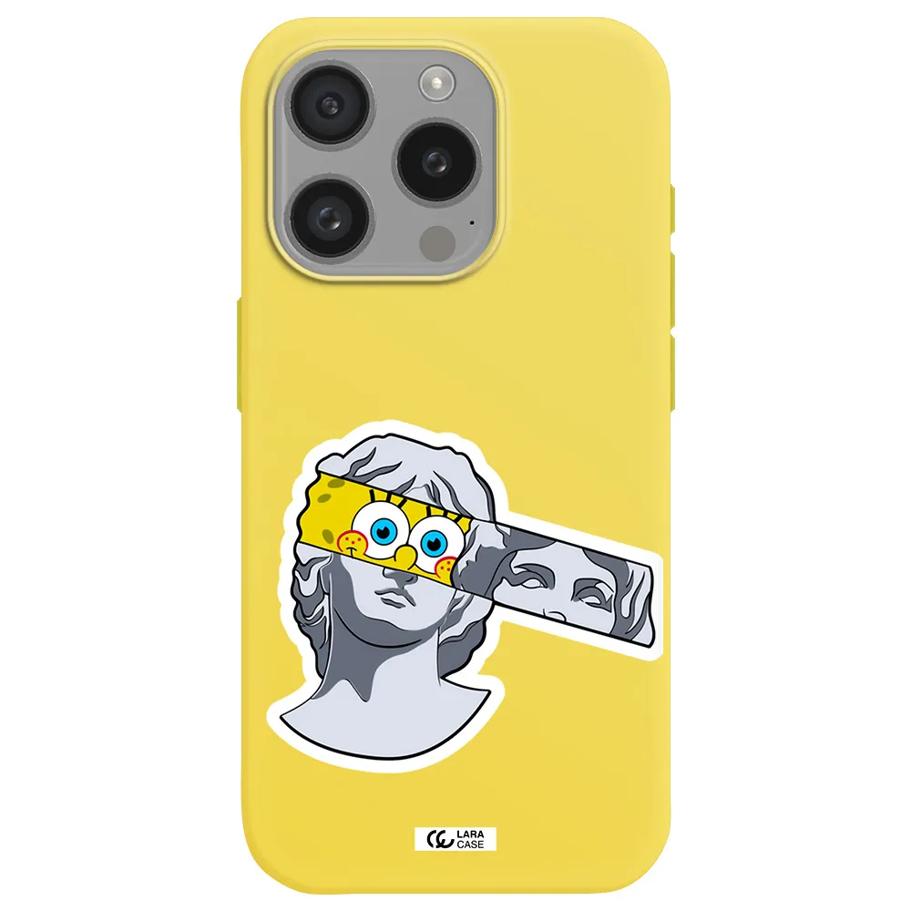 A Cartoon Of A Statue With A Yellow Spongebob Over Its Eyes Apple Iphone 15 Pro Silicone Canary Yellow Case