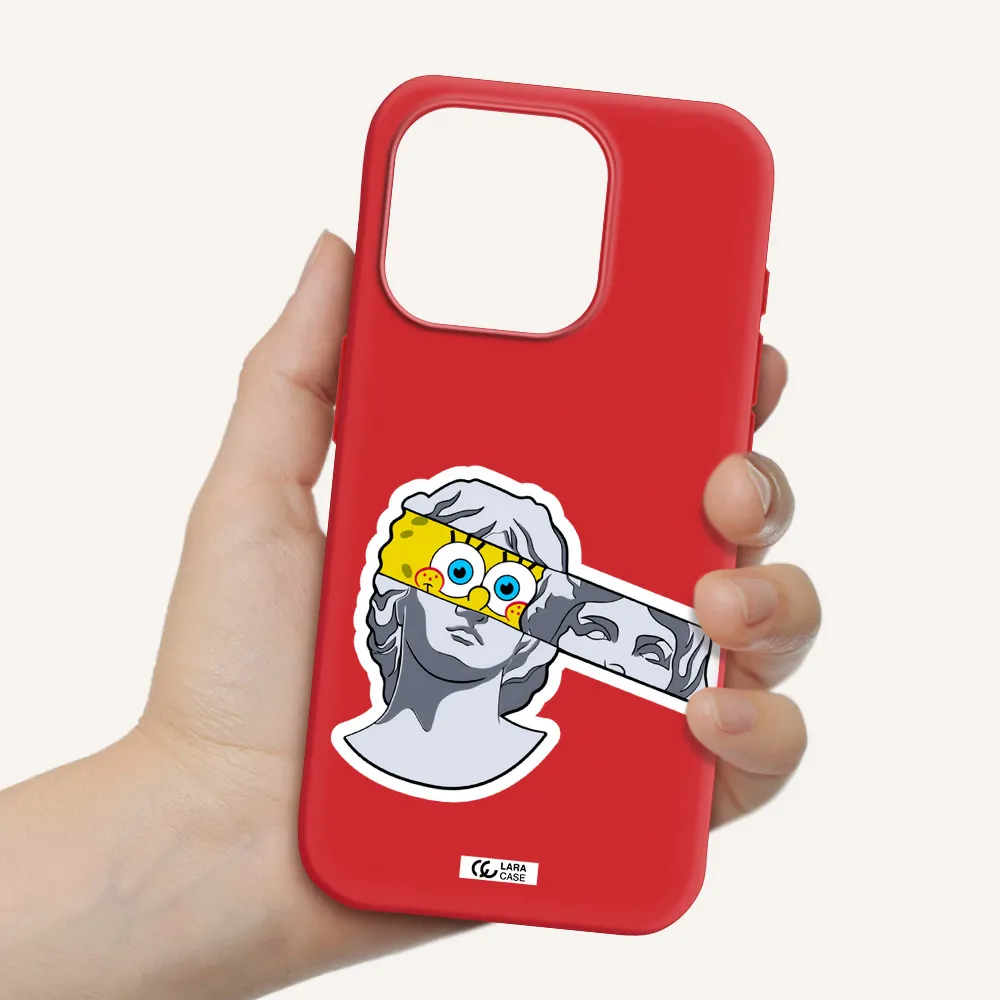 A Cartoon Of A Statue With A Yellow Spongebob Over Its Eyes Apple Iphone 15 Pro Silicone Imperial Red Case