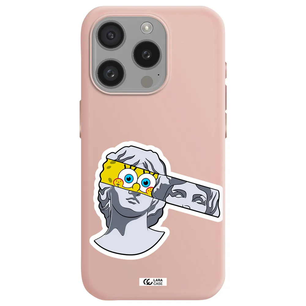 A Cartoon Of A Statue With A Yellow Spongebob Over Its Eyes Apple Iphone 15 Pro Silicone Pastel Pink Case