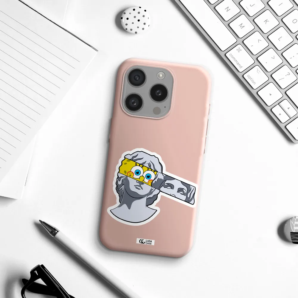 A Cartoon Of A Statue With A Yellow Spongebob Over Its Eyes Apple Iphone 15 Pro Silicone Pastel Pink Case