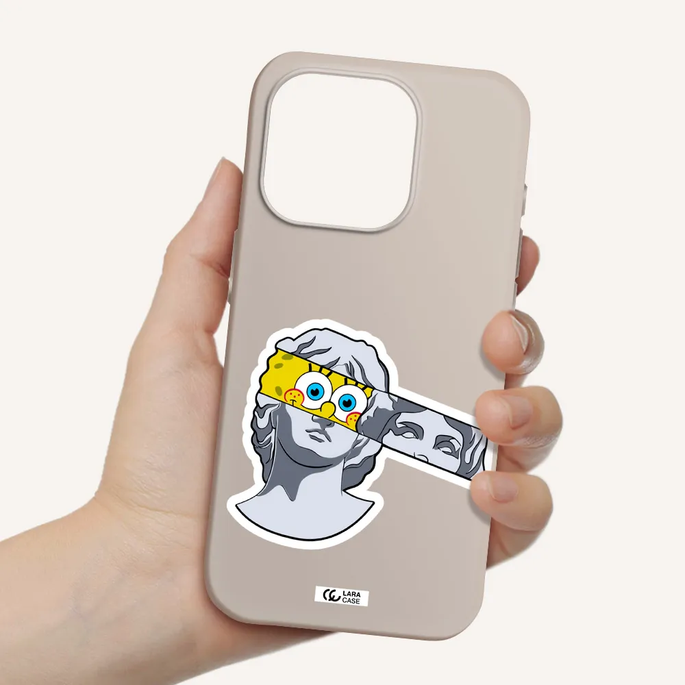 A Cartoon Of A Statue With A Yellow Spongebob Over Its Eyes Apple Iphone 15 Pro Silicone Stone Case