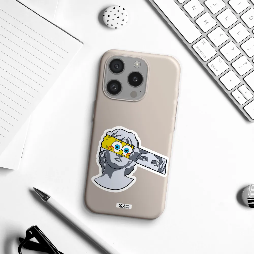 A Cartoon Of A Statue With A Yellow Spongebob Over Its Eyes Apple Iphone 15 Pro Silicone Stone Case