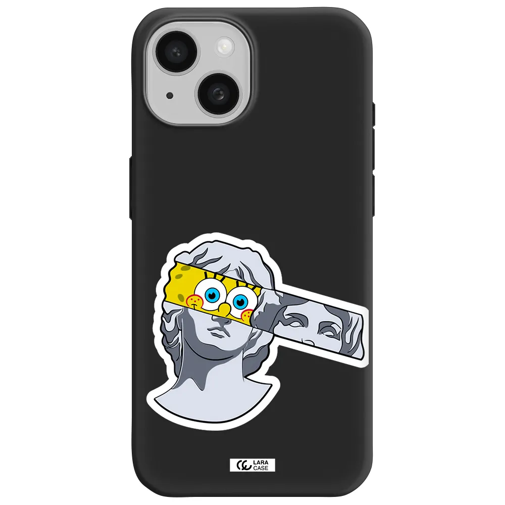 a cartoon of a statue with a yellow spongebob over its eyes Apple iPhone 15 Silicone black Case