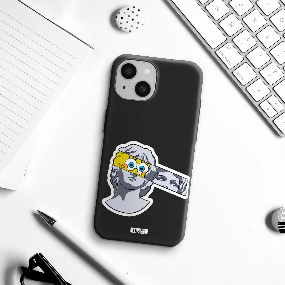 a cartoon of a statue with a yellow spongebob over its eyes Apple iPhone 15 Silicone black Case