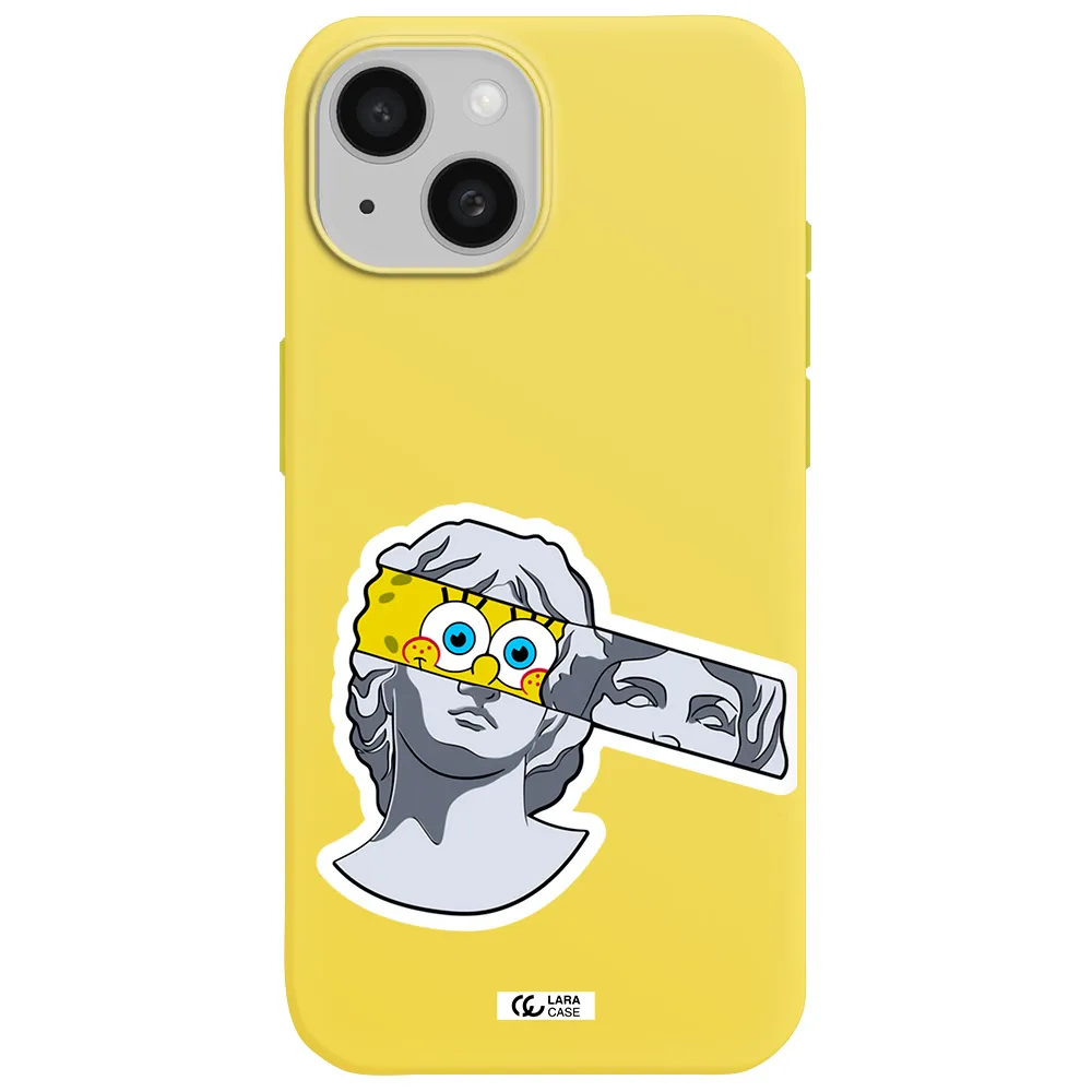 a cartoon of a statue with a yellow spongebob over its eyes Apple iPhone 15 Silicone canary yellow Case