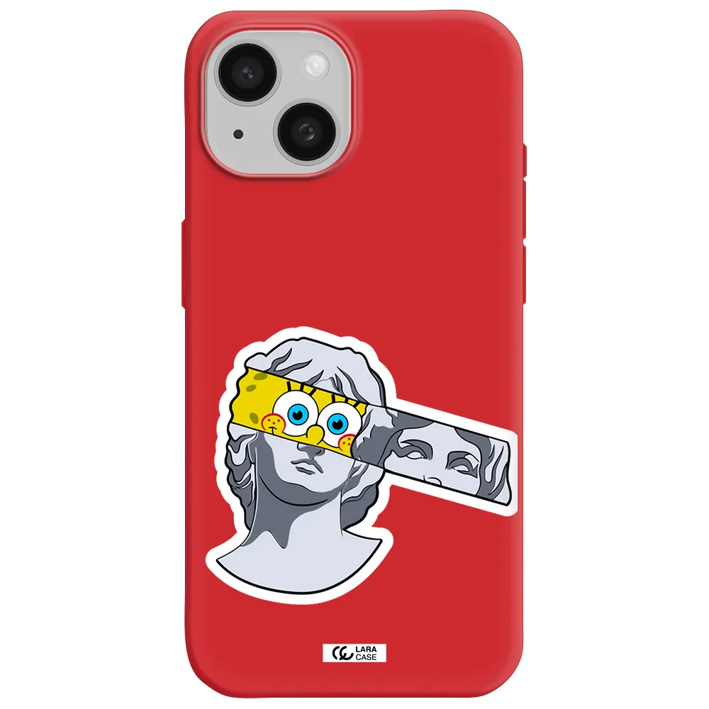 A Cartoon Of A Statue With A Yellow Spongebob Over Its Eyes Apple Iphone 15 Silicone Imperial Red Case