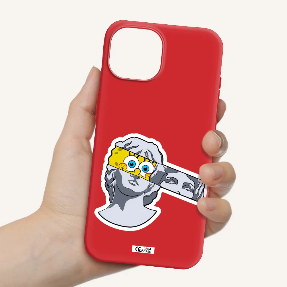 A Cartoon Of A Statue With A Yellow Spongebob Over Its Eyes Apple Iphone 15 Silicone Imperial Red Case