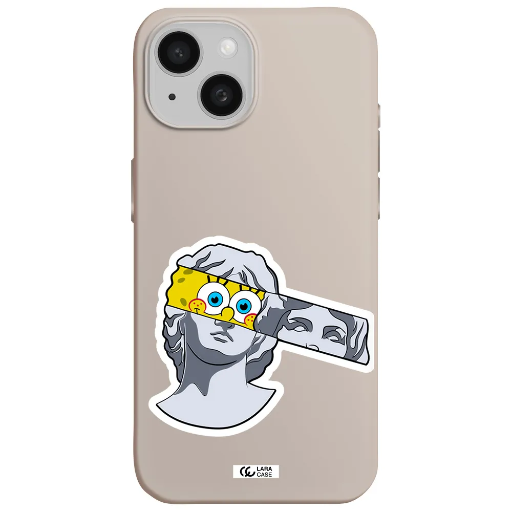 a cartoon of a statue with a yellow spongebob over its eyes Apple iPhone 15 Silicone Stone Case