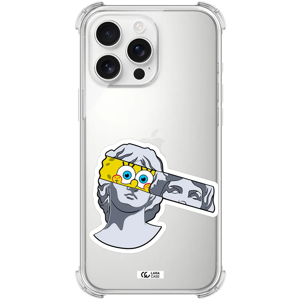 A Cartoon Of A Statue With A Yellow Spongebob Over Its Eyes Apple Iphone 16 Pro Max Clear Pc Case