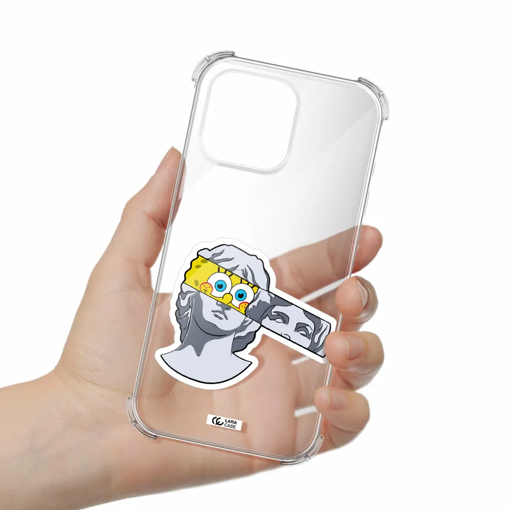 A Cartoon Of A Statue With A Yellow Spongebob Over Its Eyes Apple Iphone 16 Pro Max Clear Pc Case