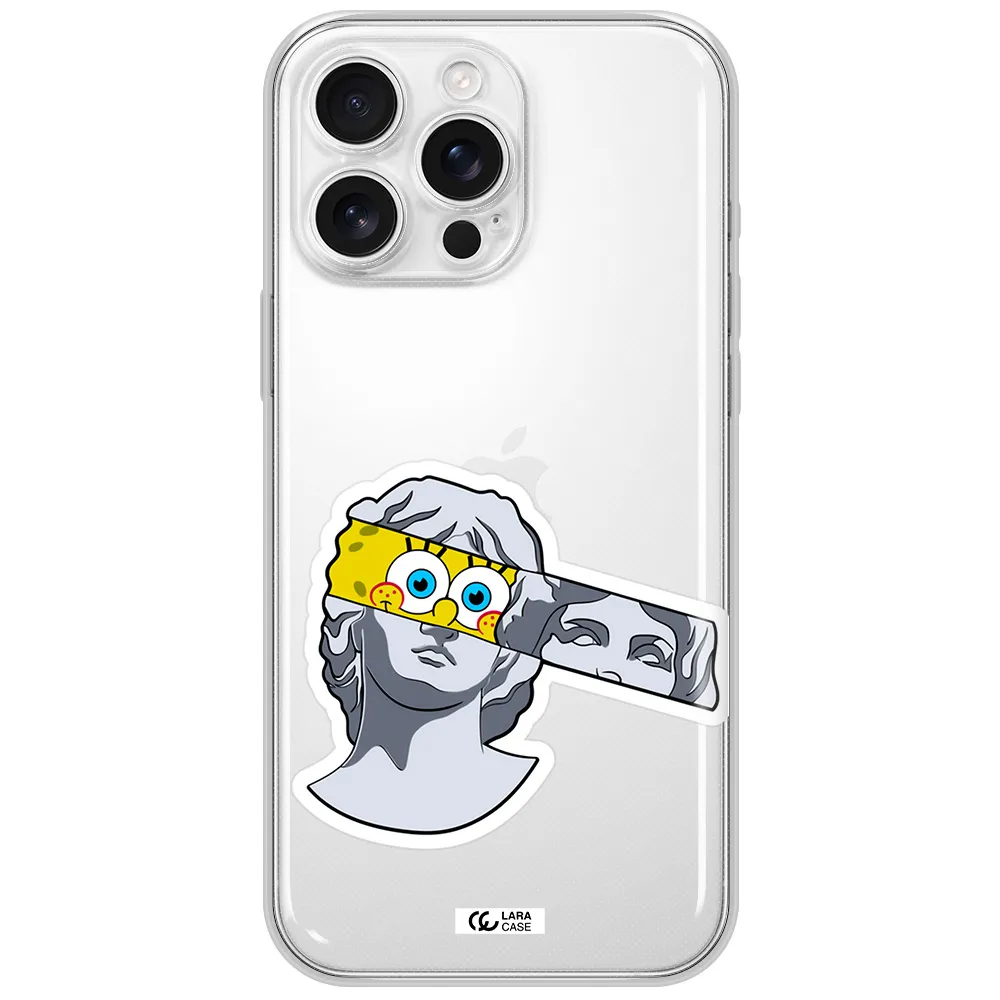 A Cartoon Of A Statue With A Yellow Spongebob Over Its Eyes Apple Iphone 16 Pro Max Clear Tpu Case