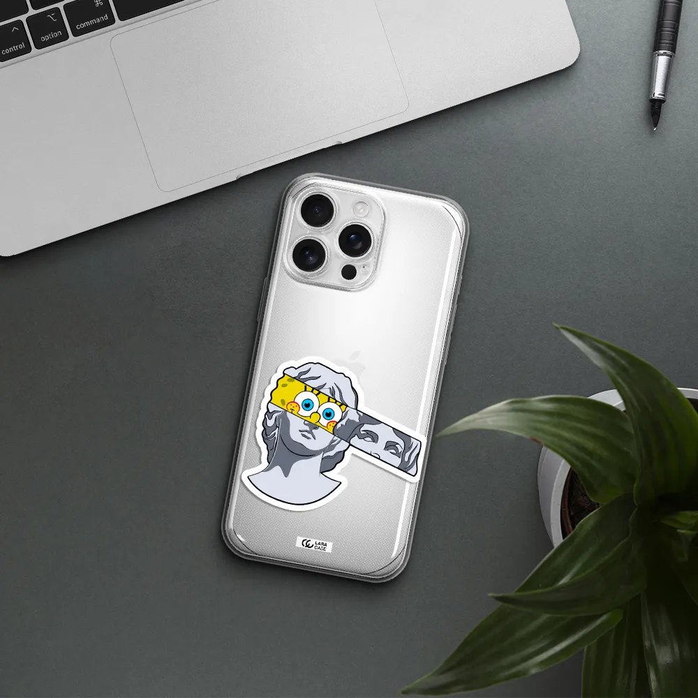 A Cartoon Of A Statue With A Yellow Spongebob Over Its Eyes Apple Iphone 16 Pro Max Clear Tpu Case