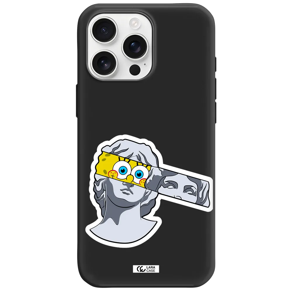 A Cartoon Of A Statue With A Yellow Spongebob Over Its Eyes Apple Iphone 16 Pro Max Silicone Black Case