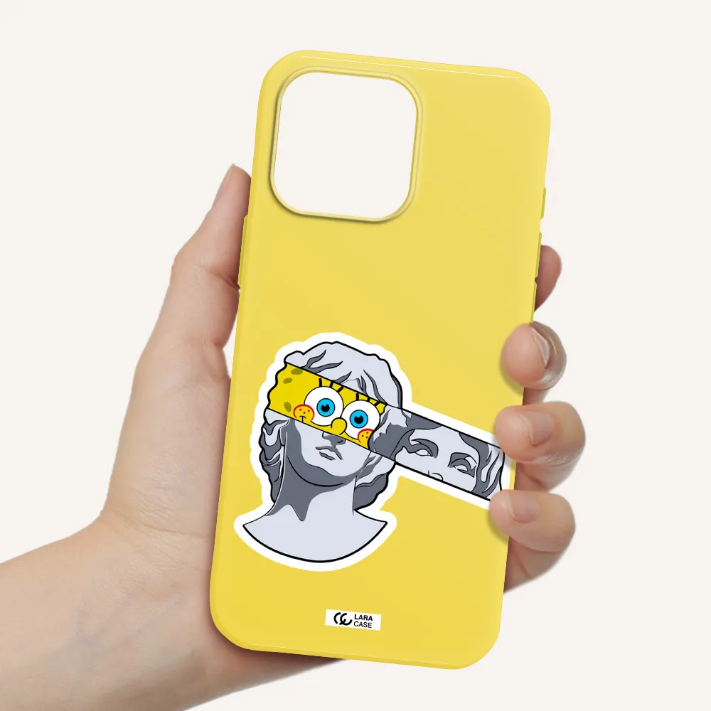 A Cartoon Of A Statue With A Yellow Spongebob Over Its Eyes Apple Iphone 16 Pro Max Silicone Canary Yellow Case