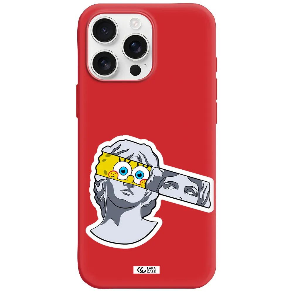 A Cartoon Of A Statue With A Yellow Spongebob Over Its Eyes Apple Iphone 16 Pro Max Silicone Imperial Red Case