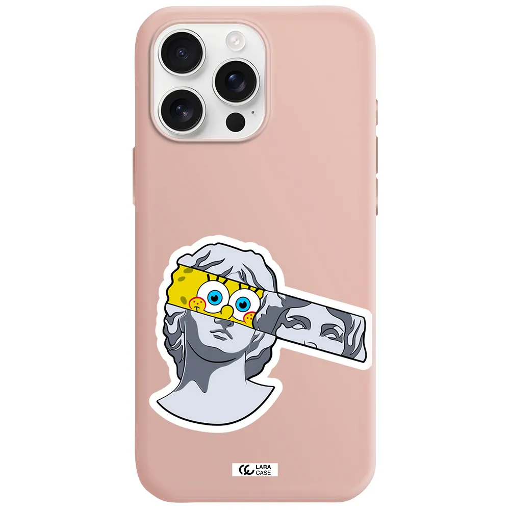A Cartoon Of A Statue With A Yellow Spongebob Over Its Eyes Apple Iphone 16 Pro Max Silicone Pastel Pink Case