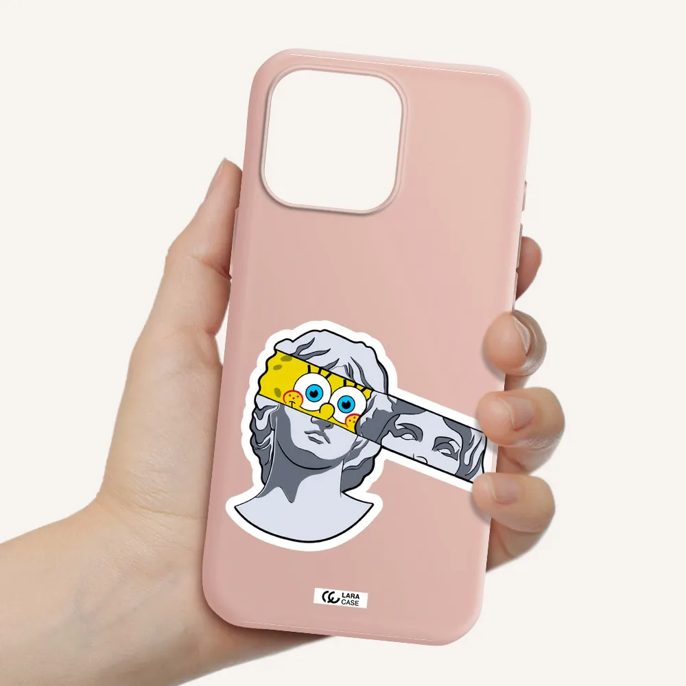A Cartoon Of A Statue With A Yellow Spongebob Over Its Eyes Apple Iphone 16 Pro Max Silicone Pastel Pink Case