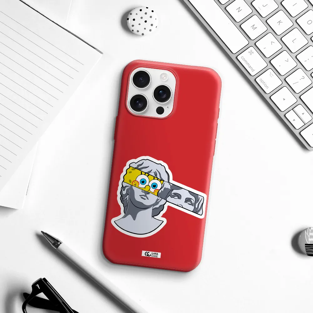 A Cartoon Of A Statue With A Yellow Spongebob Over Its Eyes Apple Iphone 16 Pro Max Silicone Stone Case