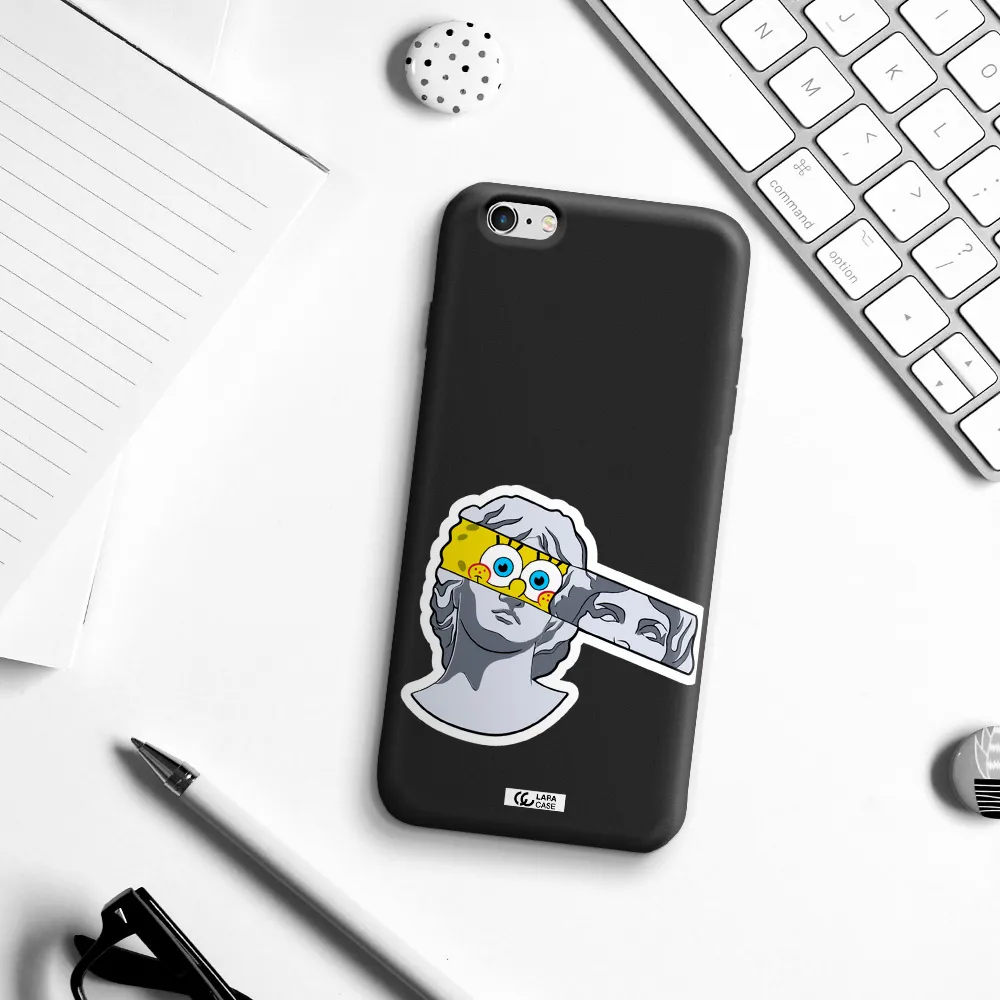 a cartoon of a statue with a yellow spongebob over its eyes Apple iPhone 6 plus Silicone black Case