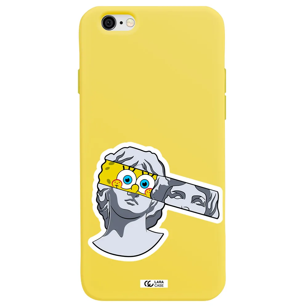 a cartoon of a statue with a yellow spongebob over its eyes Apple iPhone 6 Silicone canary yellow Case