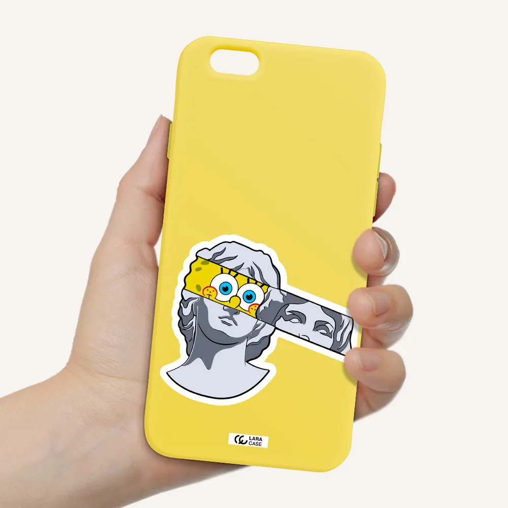 a cartoon of a statue with a yellow spongebob over its eyes Apple iPhone 6 Silicone canary yellow Case