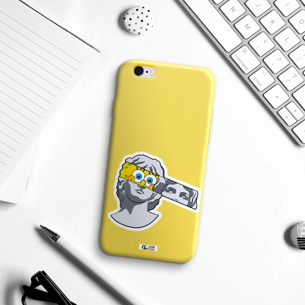 a cartoon of a statue with a yellow spongebob over its eyes Apple iPhone 6 Silicone canary yellow Case
