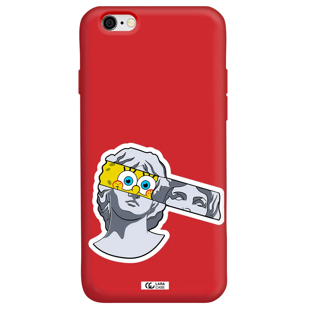 a cartoon of a statue with a yellow spongebob over its eyes Apple iPhone 6 Silicone Imperial Red Case