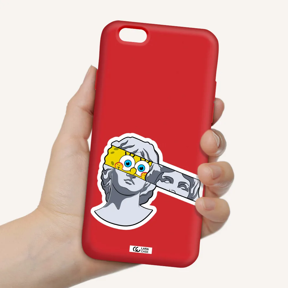 a cartoon of a statue with a yellow spongebob over its eyes Apple iPhone 6 Silicone Imperial Red Case