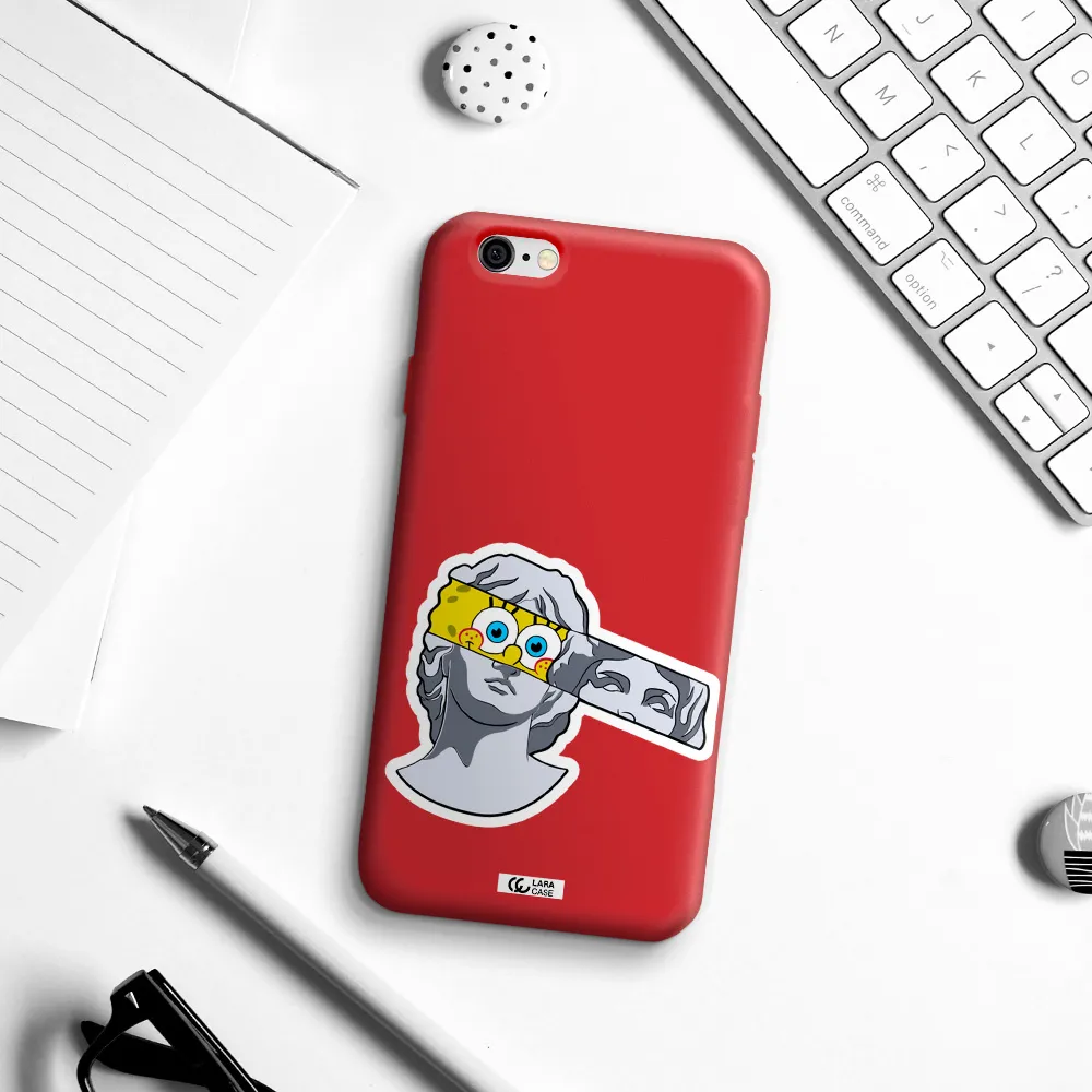 a cartoon of a statue with a yellow spongebob over its eyes Apple iPhone 6 Silicone Imperial Red Case