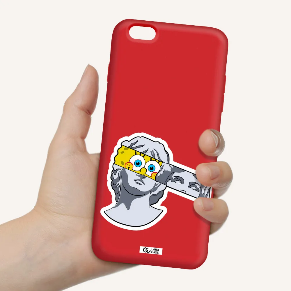 a cartoon of a statue with a yellow spongebob over its eyes Apple iPhone 6S Silicone Imperial Red Case