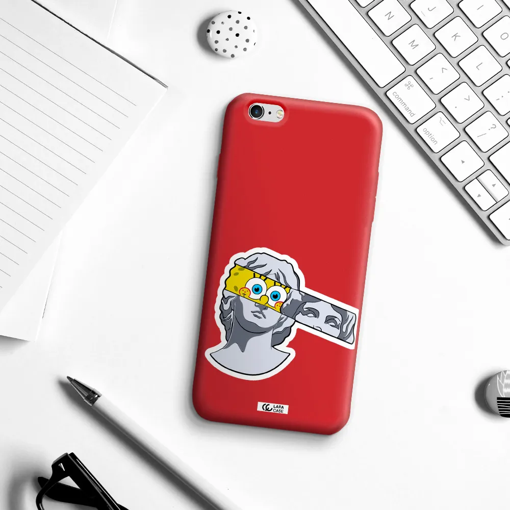 a cartoon of a statue with a yellow spongebob over its eyes Apple iPhone 6S Silicone Imperial Red Case
