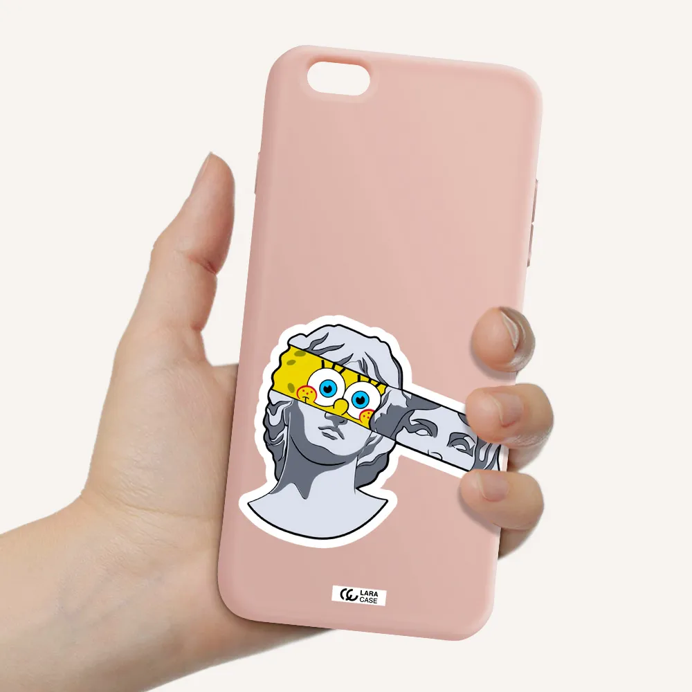 a cartoon of a statue with a yellow spongebob over its eyes Apple iPhone 6S Silicone pastel pink Case