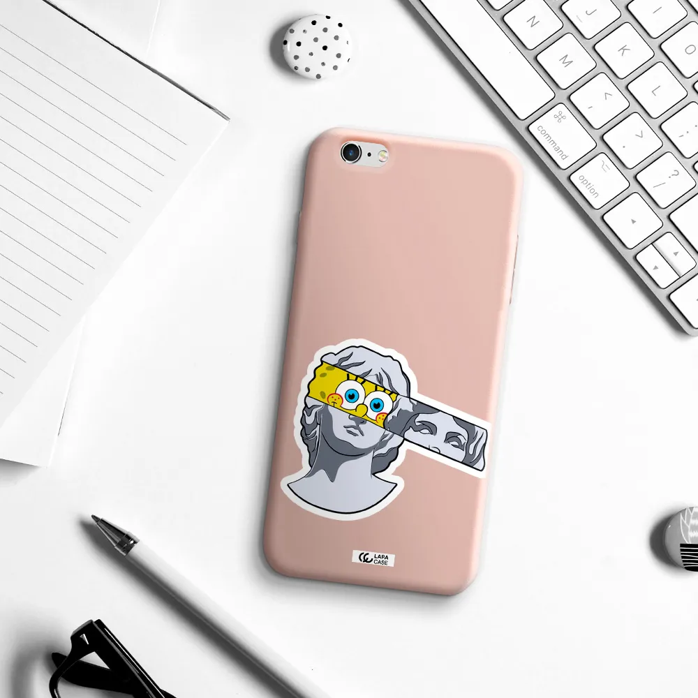 a cartoon of a statue with a yellow spongebob over its eyes Apple iPhone 6S Silicone pastel pink Case