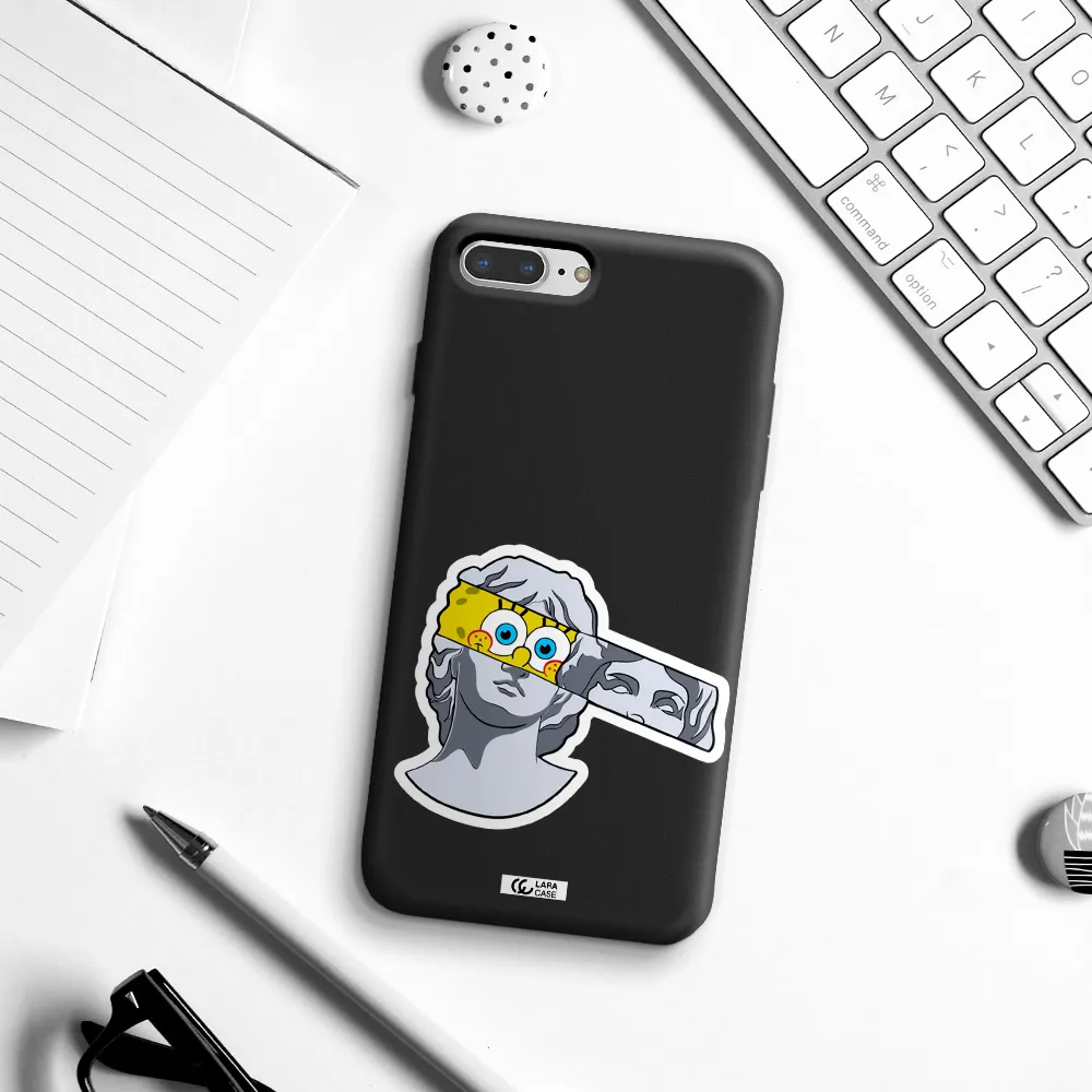 a cartoon of a statue with a yellow spongebob over its eyes Apple iPhone 7 plus Silicone black Case