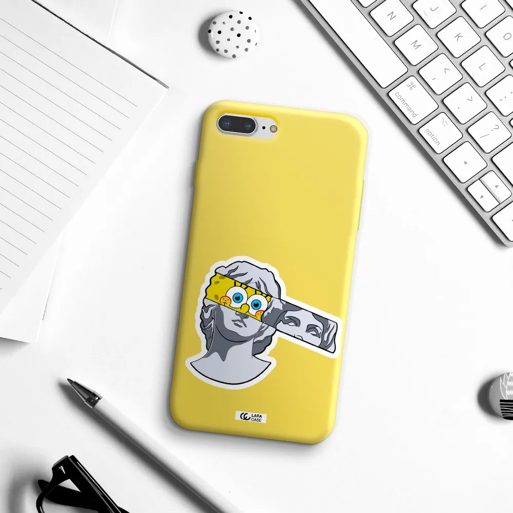 a cartoon of a statue with a yellow spongebob over its eyes Apple iPhone 7 plus Silicone canary yellow Case