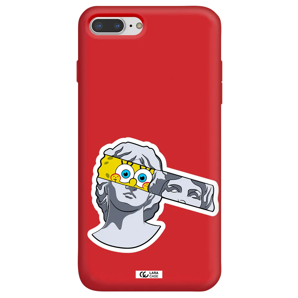 a cartoon of a statue with a yellow spongebob over its eyes Apple iPhone 7 plus Silicone Imperial Red Case