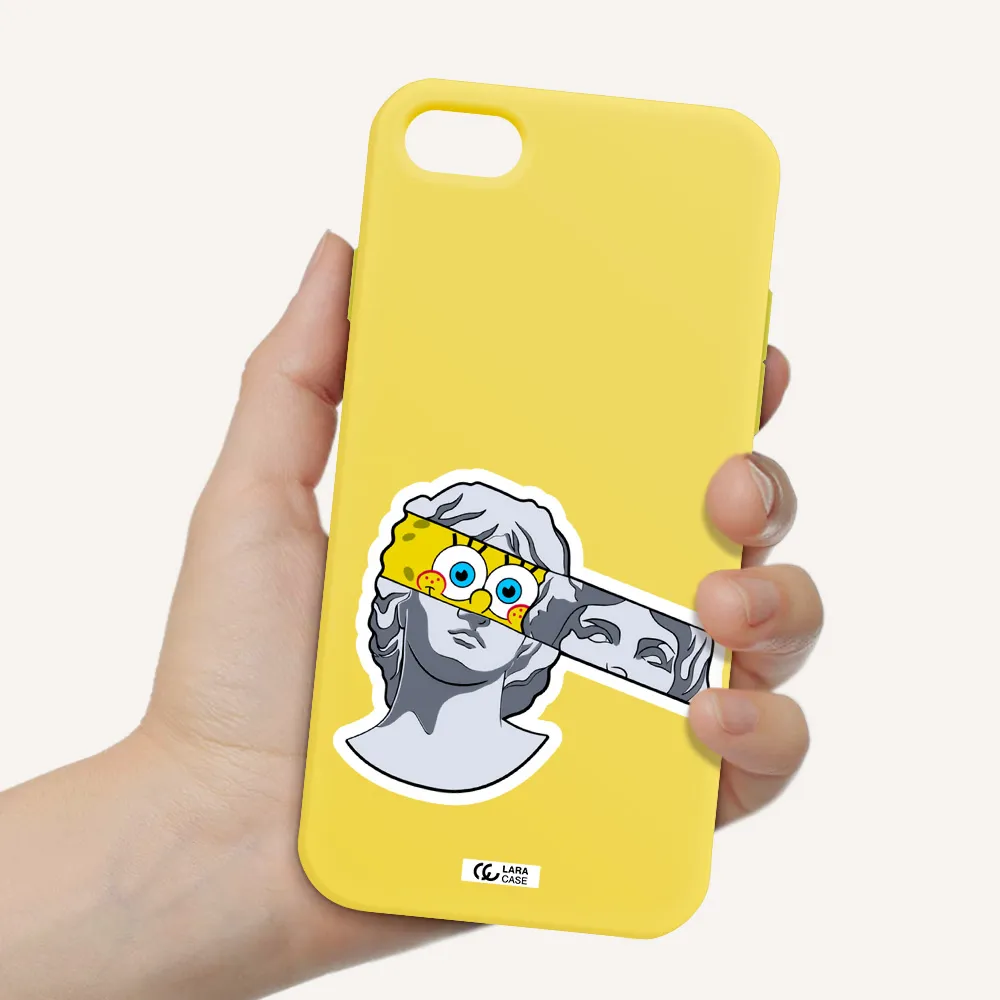 a cartoon of a statue with a yellow spongebob over its eyes Apple iPhone 7 Silicone canary yellow Case