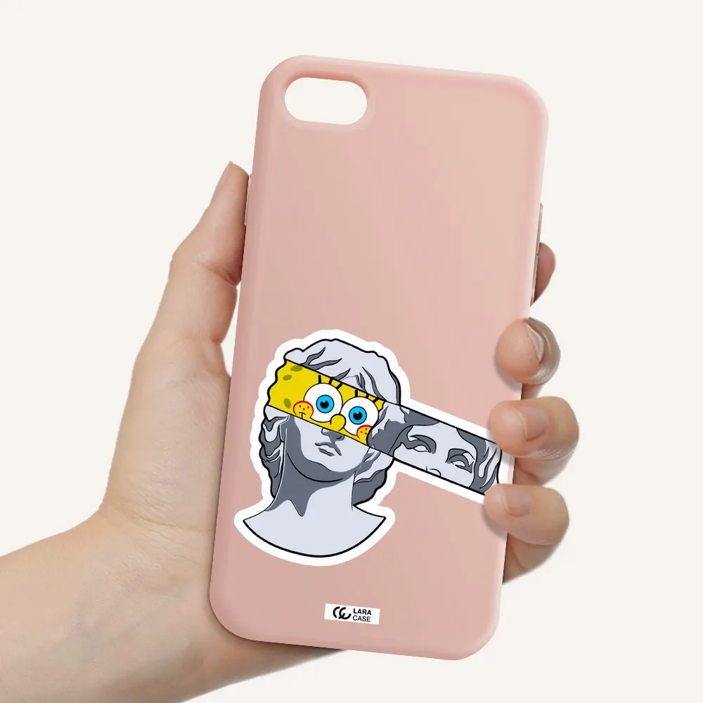 a cartoon of a statue with a yellow spongebob over its eyes Apple iPhone 7 Silicone pastel pink Case