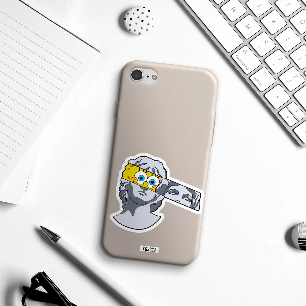 a cartoon of a statue with a yellow spongebob over its eyes Apple iPhone 7 Silicone Stone Case