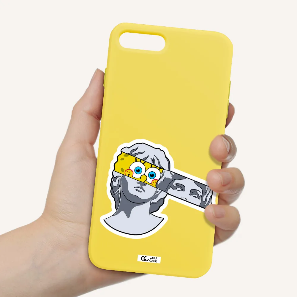 a cartoon of a statue with a yellow spongebob over its eyes Apple iPhone 8 plus Silicone canary yellow Case